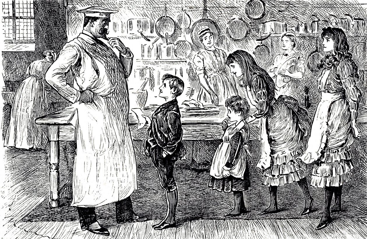 Un dessin animé représentant un chef prenant des commandes des enfants de la maison. Illustré par George du Maurier (1834-1896), un caricaturiste et auteur franco-britannique - George du Maurier