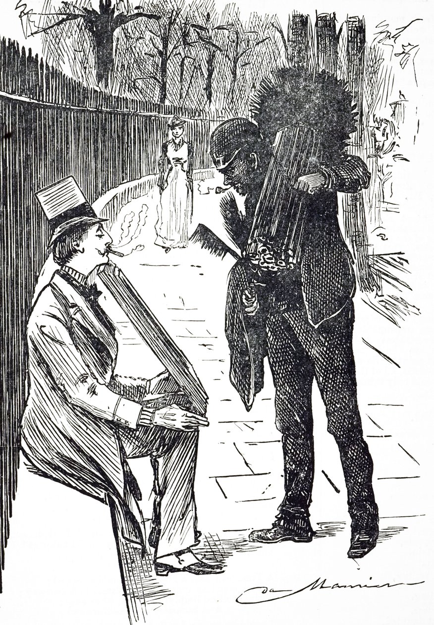 Une caricature représentant un ramoneur portant ses brosses dans les rues de Londres. Illustré par George du Maurier (1834-1896) un caricaturiste et auteur franco-britannique - George du Maurier