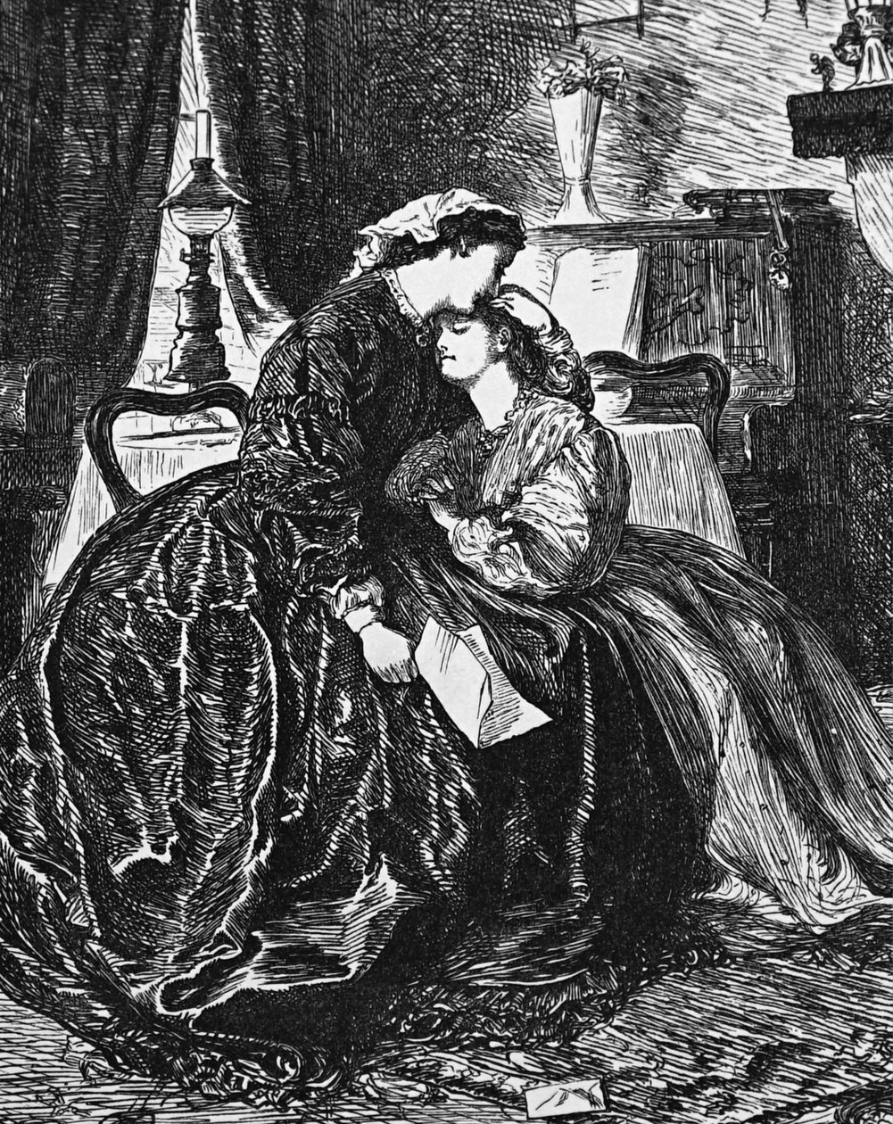 Une mère et sa fille recevant des nouvelles de la grave maladie du mari/père - George du Maurier