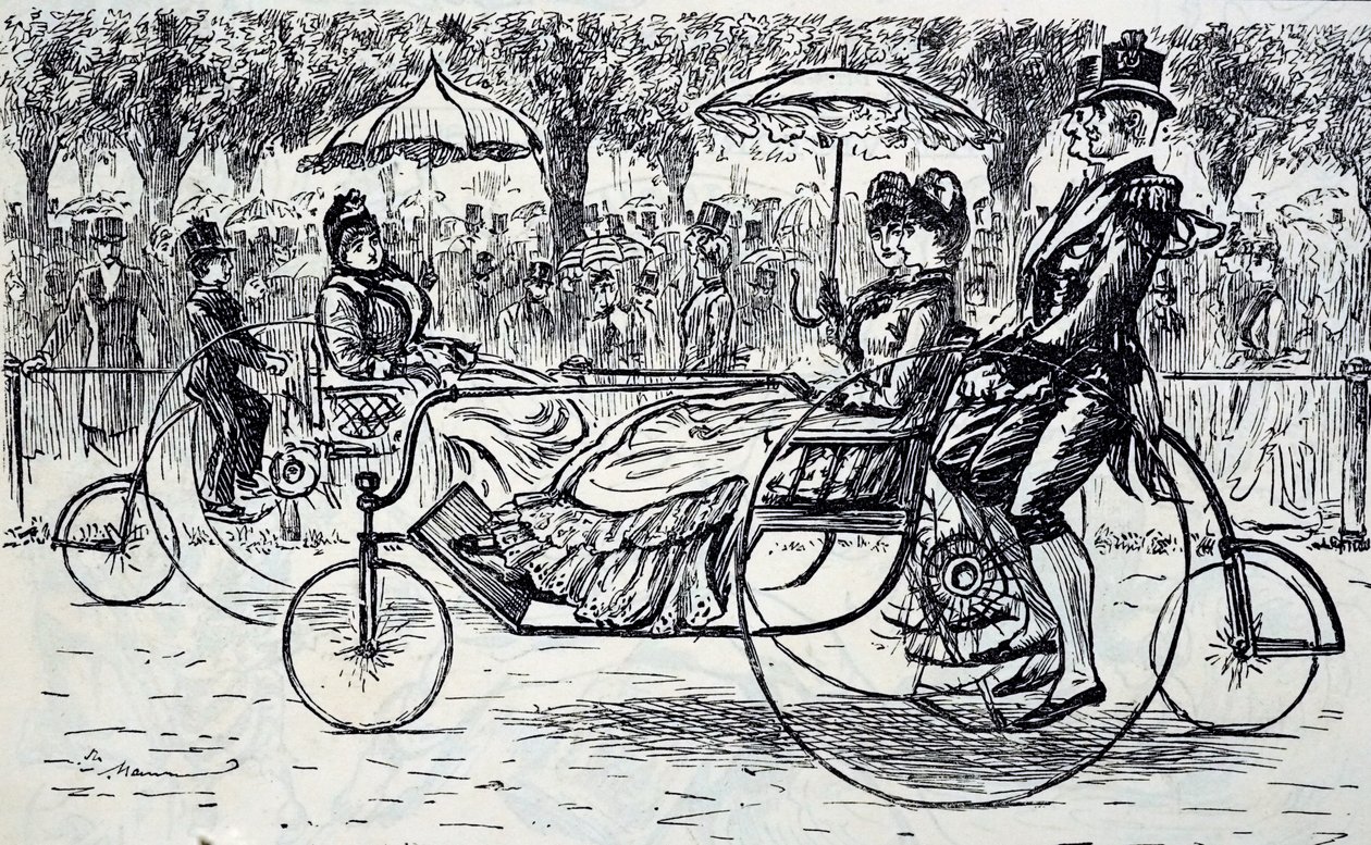 Une gravure représentant des passagers dans des carrioles à vélo. Illustré par George du Maurier (1834-1896) un caricaturiste et auteur franco-britannique - George du Maurier