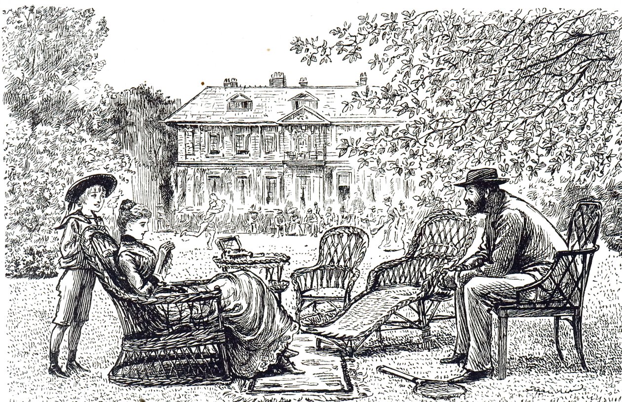 Gravure représentant des meubles en osier typiques. Illustré par George du Maurier (1834-1896) un caricaturiste et auteur franco-britannique - George du Maurier