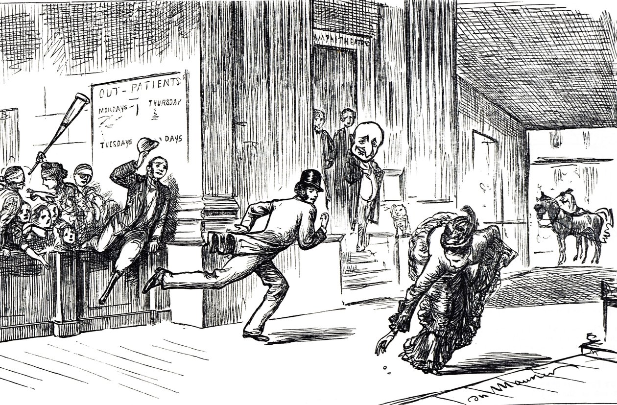 Caricature représentant le Docteur Meilanion Jones, se trouvant dépassé dans la course aux patients par la belle Doctoresse Atlanta Robinson - George du Maurier