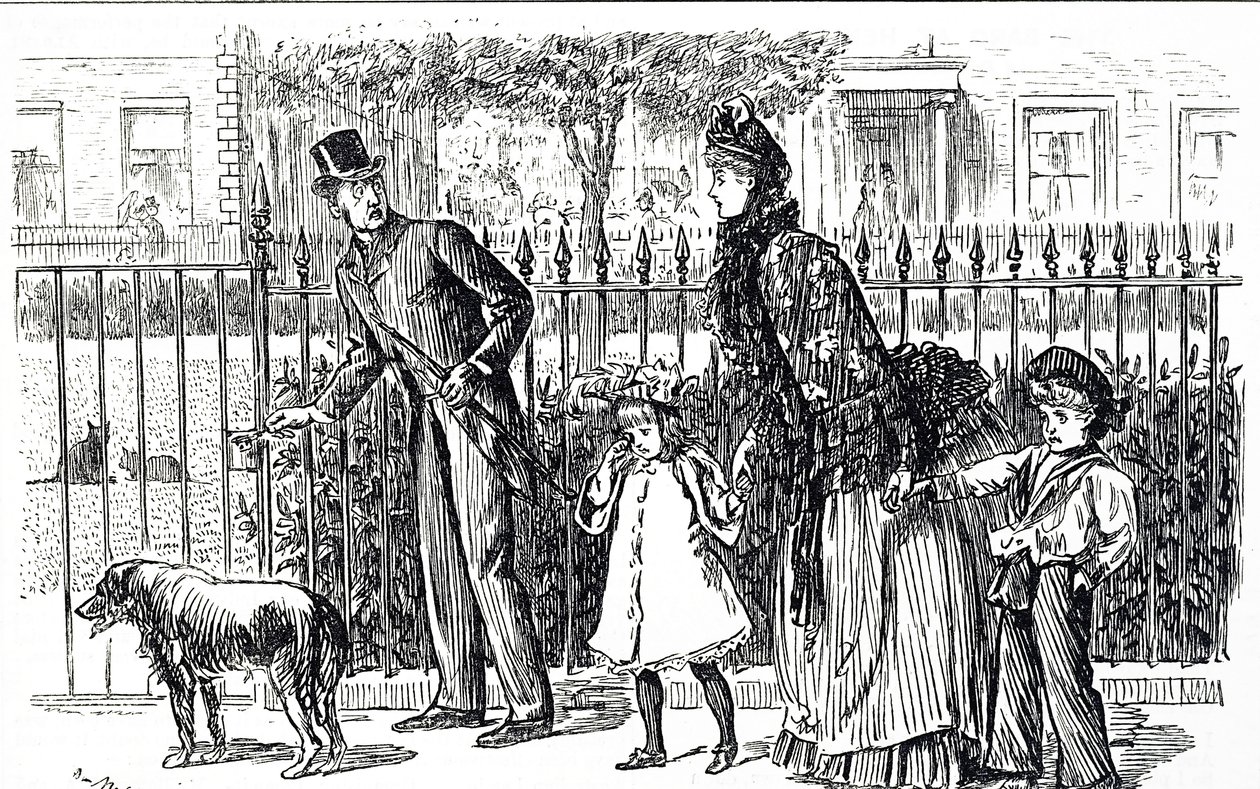 Caricature représentant une famille marchant dans les rues du Londres victorien - George du Maurier