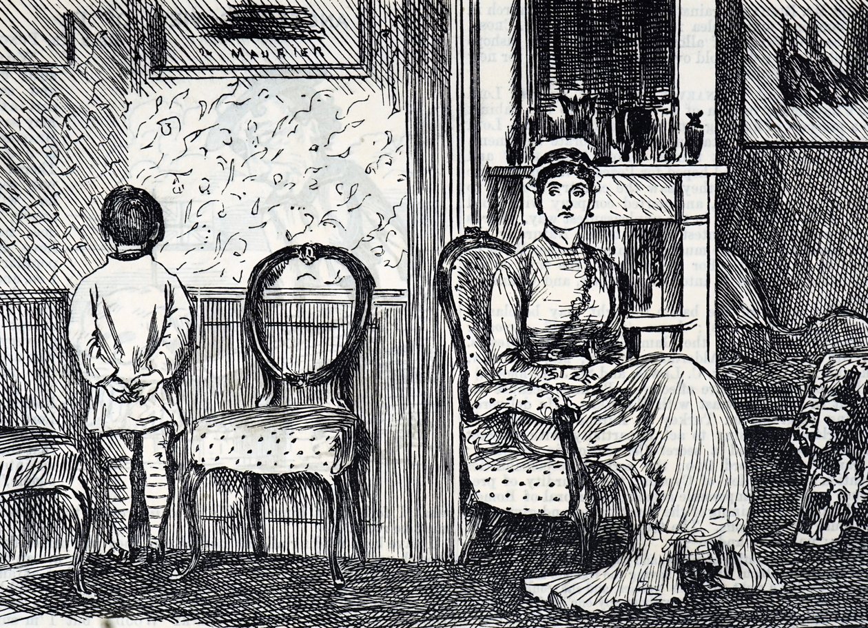 Dessin animé représentant une mère punissant son fils en le faisant se tenir face au mur - George du Maurier