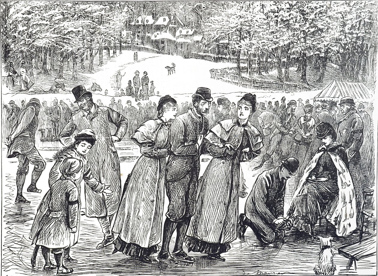 Caricature représentant des patineurs patinant sur un lac gelé - George du Maurier