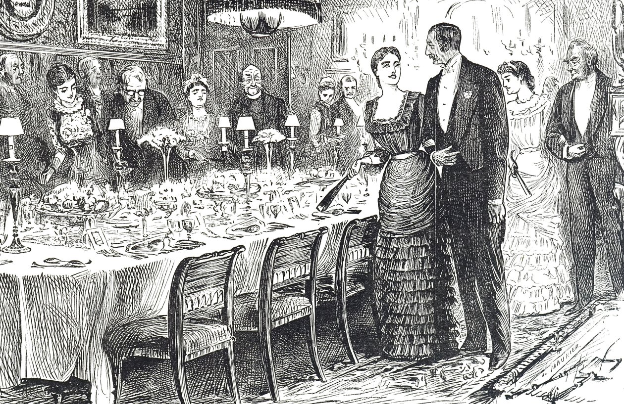 Dessin animé intitulé "Aller dîner" représentant un jeune couple entrant dans une salle à manger - George du Maurier