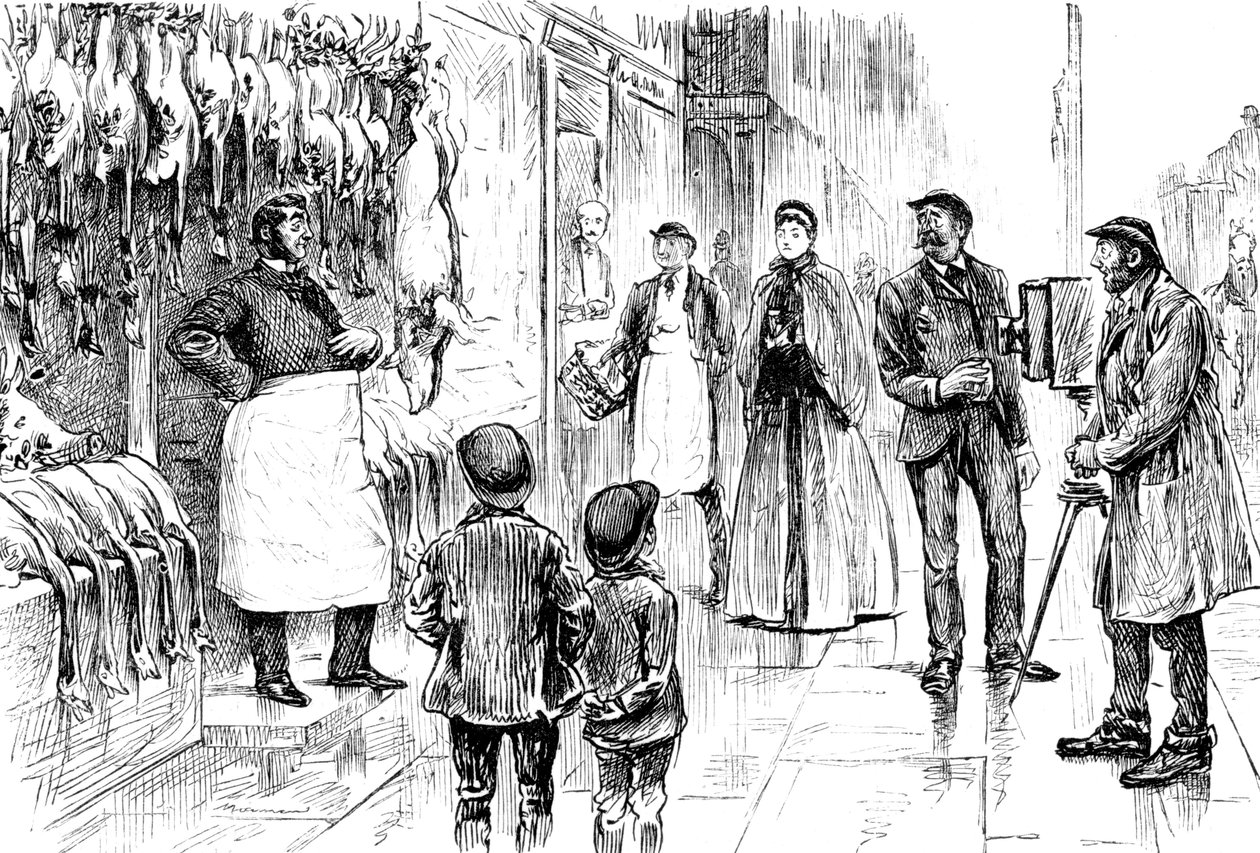 Gravure représentant un boucher et un volailler photographiés devant son étal de Noël par George du Maurier. George du Maurier (1834-1896) un caricaturiste et auteur franco-britannique. Daté du XIXe siècle - George du Maurier