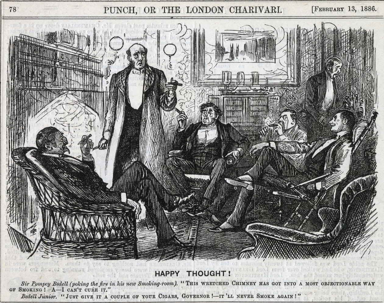 Messieurs réunis dans la salle de fumeurs fumant leurs cigares après le dîner. Caricature de George du Maurier pour Punch, Londres 1886 - George du Maurier