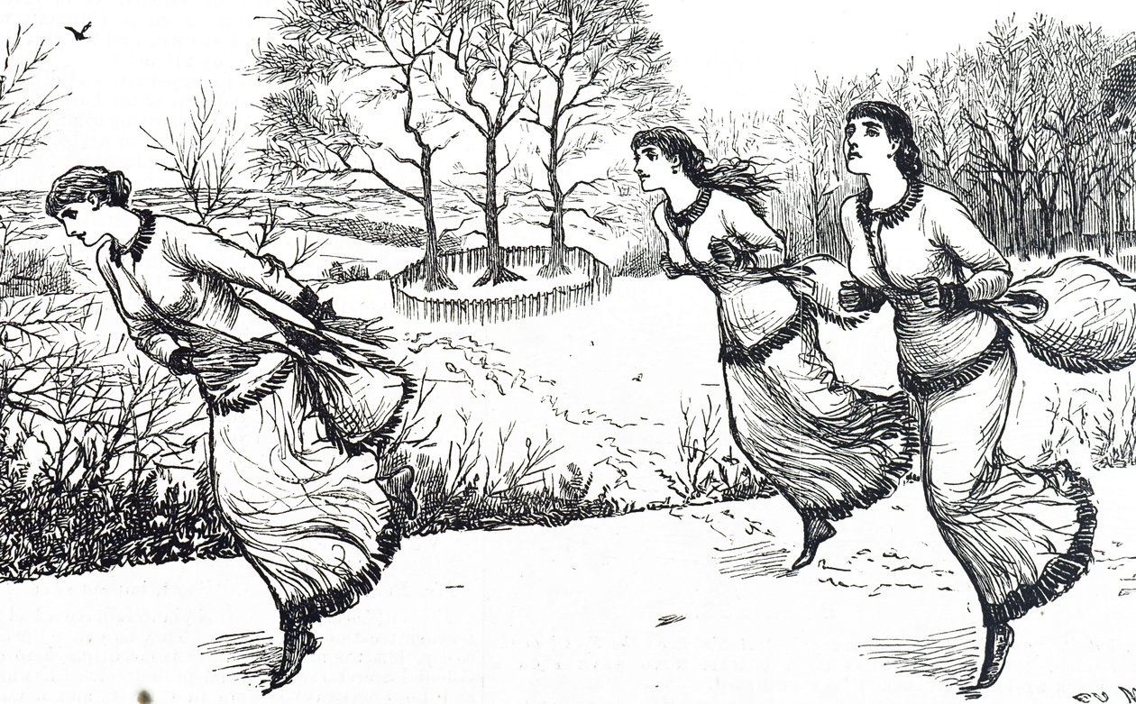 Illustration représentant des filles traçant la piste pour le lièvre et les chiens - George du Maurier