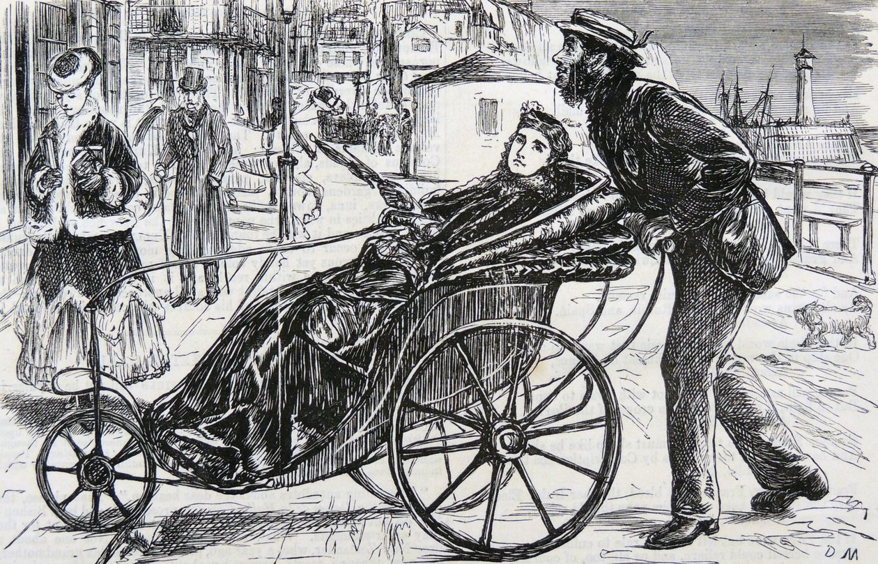 Patrick poussant la chaise de bain de la dame - George du Maurier