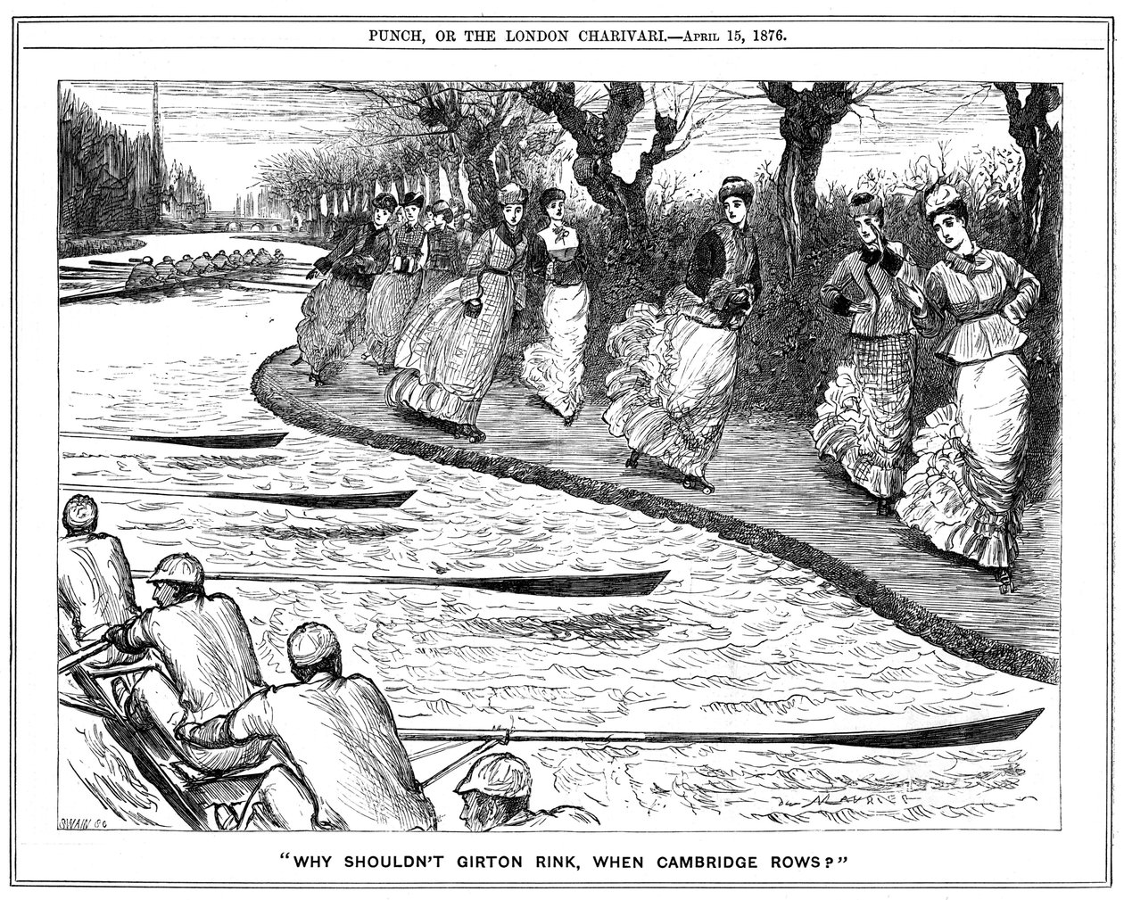 Le patin à roulettes très à la mode. Étudiantes de Girton sur le chemin de halage saluant les rameurs sur la rivière. Dessin de George du Maurier de Punch, Londres - George du Maurier