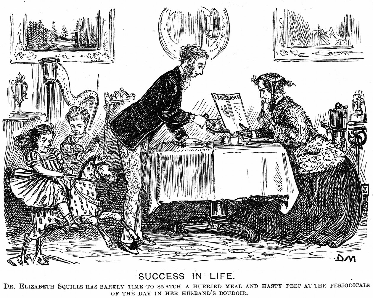 Succès dans la vie : Inversion des rôles et la femme professionnelle moderne. Caricature de George du Maurier pour Punch Almanack de 1867. En 1865, Elizabeth Garrett Anderson (1836-1917) a été autorisée à pratiquer par la Society of Apothecaries - George du Maurier