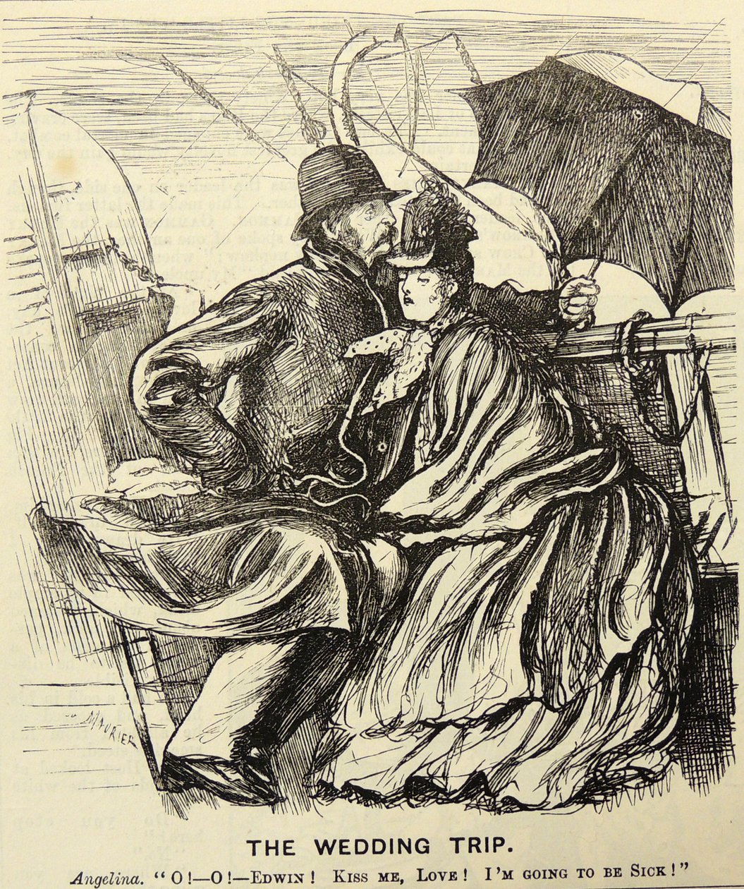Le voyage de noces : Couple en lune de miel souffrant du mal de mer en traversant la Manche. Caricature de George du Maurier dans "Punch", Londres - George du Maurier