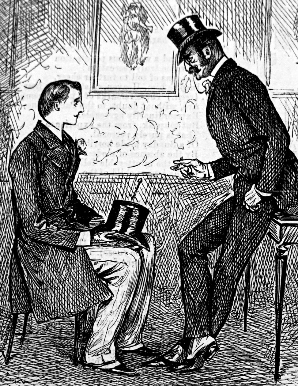Deux messieurs fumant un cigare et discutant après le dîner - George du Maurier