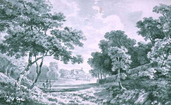 Une maison vue à travers un parc ouvert - George the Elder Barret