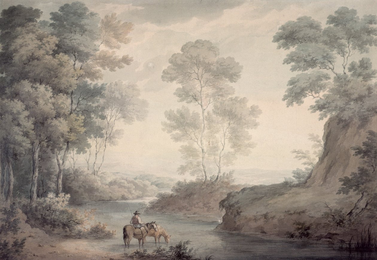 Paysage avec rivière et chevaux s