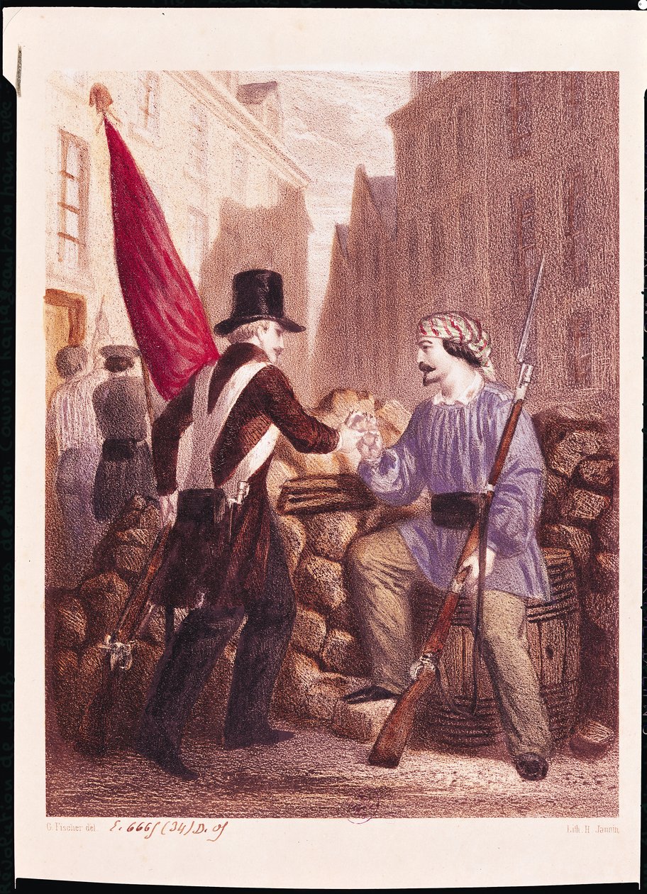 Un ouvrier partageant son pain avec un étudiant portant un drapeau rouge, de 