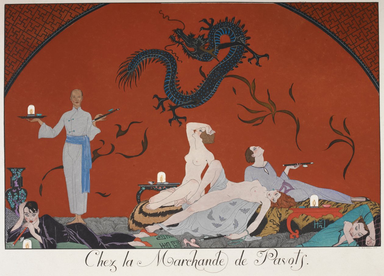 Chez la Marchande de Pasots. Des gens, certains nus, allongés dans une pièce. Décoration chinoise. - Georges Barbier