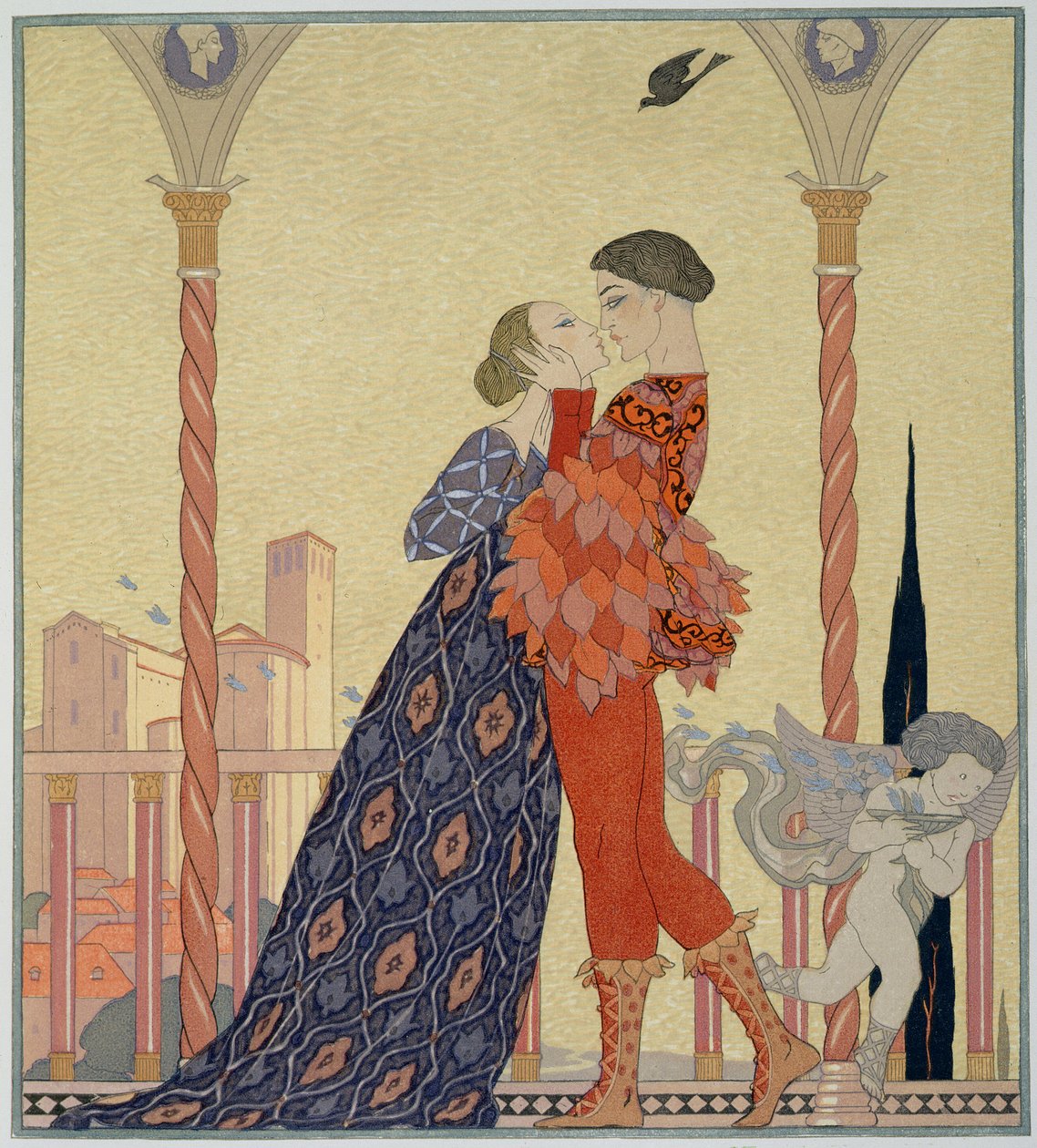 Amoureux sur un balcon - Georges Barbier
