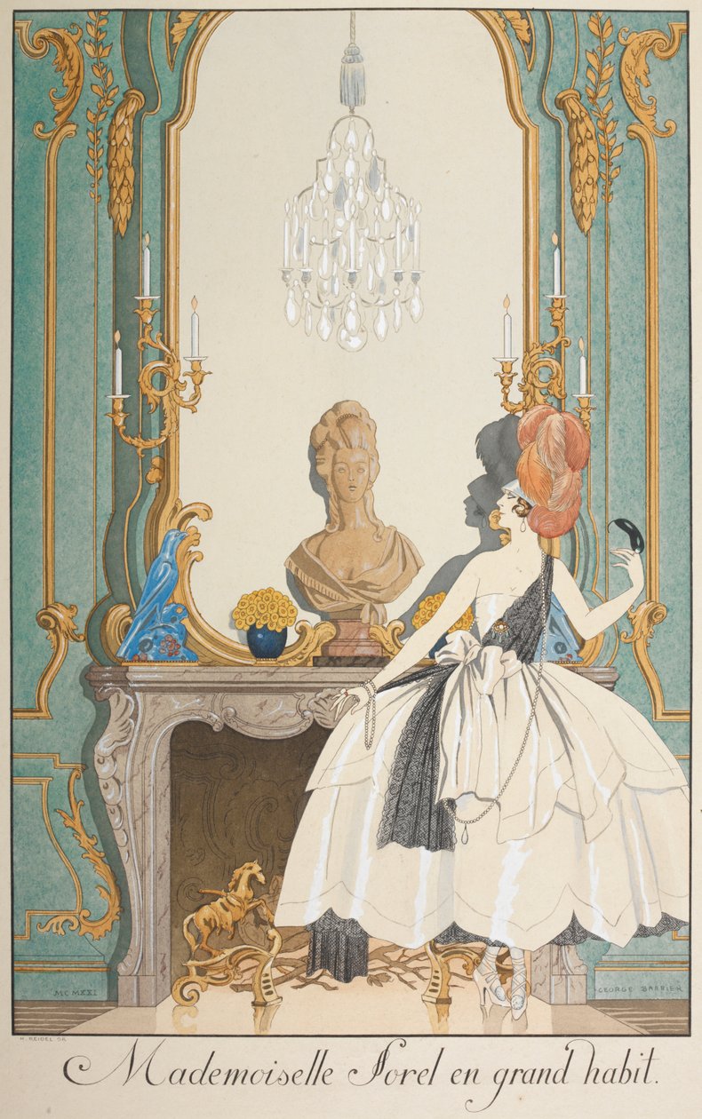 Mademoiselle Sorel en grand habit. Une femme debout devant une cheminée. - Georges Barbier
