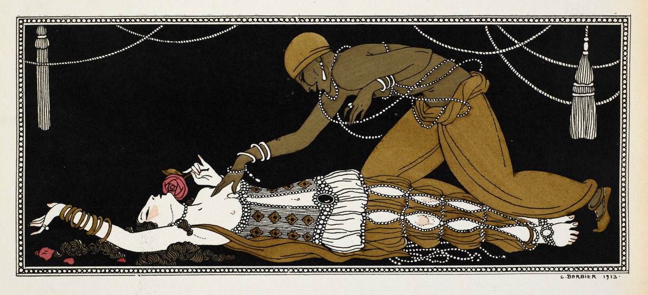 Nijinsky en esclave doré dans Shéhérazade, une suite symphonique composée par Nikolaï Rimski-Korsakov en 1888. Shéhérazade est ici sur son lit de mort, l