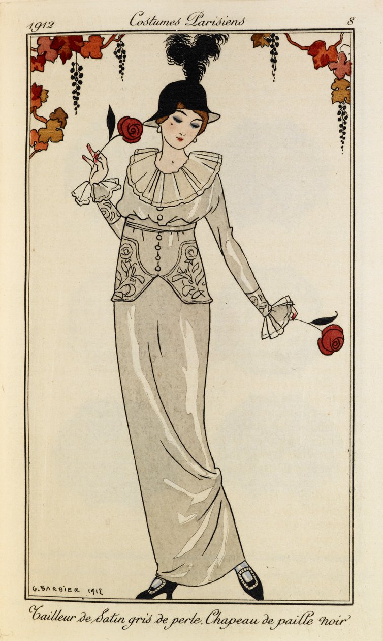 Tailleur de Satin gris de perle. Chapeau de paille noir. Costumes Parisiens no.8 - Georges Barbier