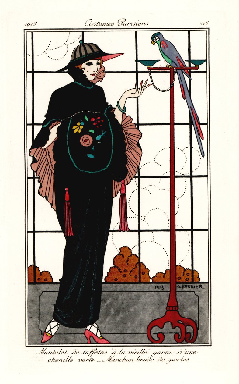 Femme en cape de vieux taffetas avec un perroquet - Georges Barbier