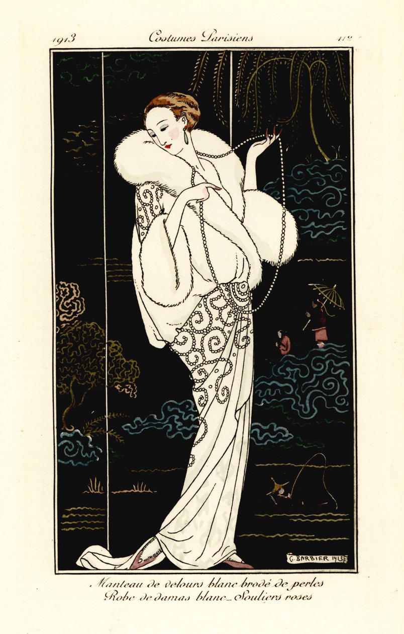 Femme en cape de velours, robe de damas et pantoufles roses - Georges Barbier
