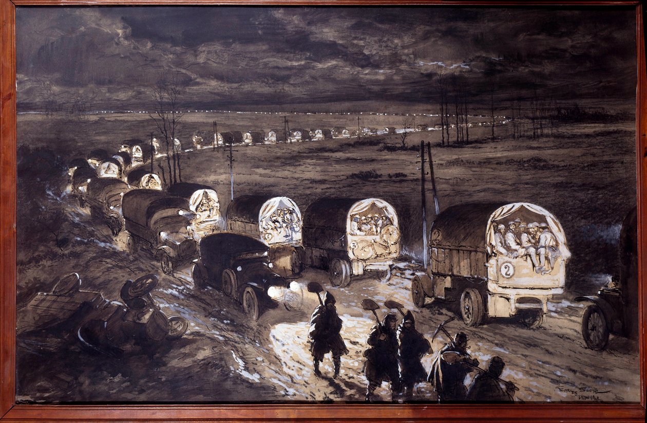 Première Guerre mondiale (1914-1918) : « La Voie Sacrée de Verdun » Aquarelle de Georges Bertin Scott (1873-1942) dit Scott de Plagnolles. Mars 1916 - Georges Bertin Scott