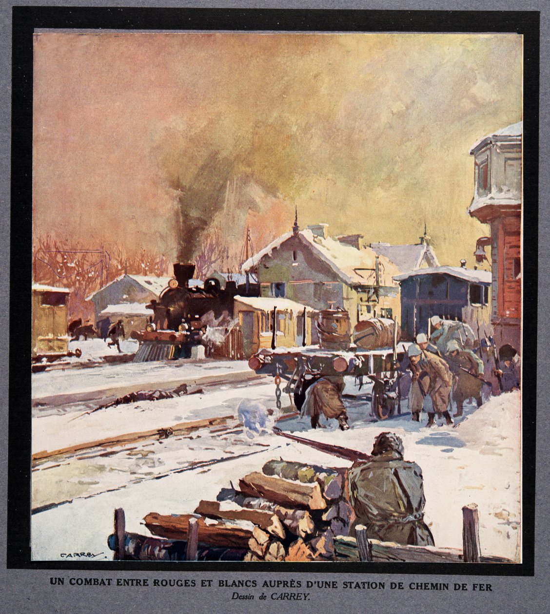Une bataille entre la Garde Rouge et la Garde Blanche à une gare, tirée de Histoire des Soviets, pub. 1922 - Georges Carrey