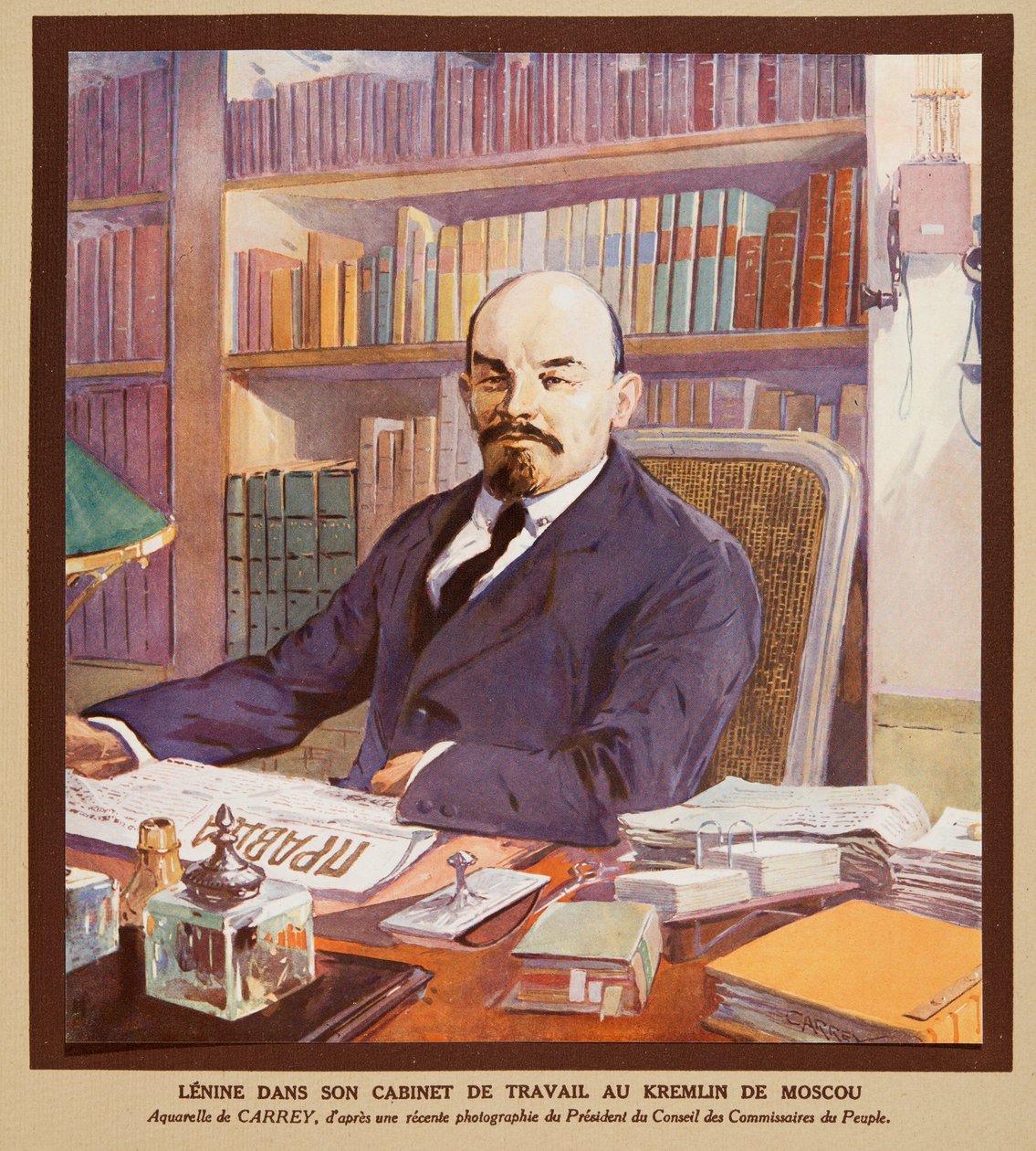 Lénine dans son bureau au Kremlin à Moscou, tiré de Histoire des Soviets, pub. 1922 - Georges Carrey