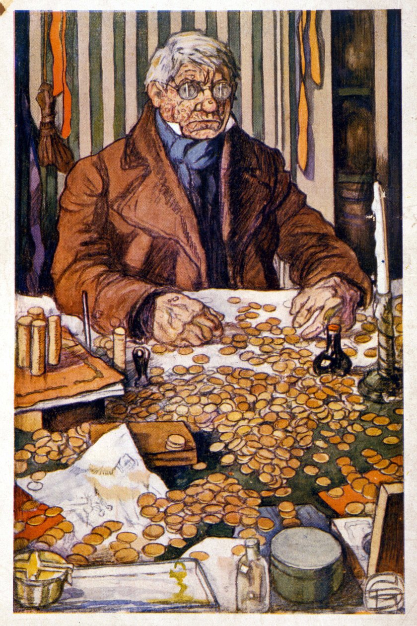 Le père Grandet comptant son argent - Illustration dans "Eugénie Grandet" par Honoré de Balzac, coll. Bibliothèque Idéale - Georges Dupuis