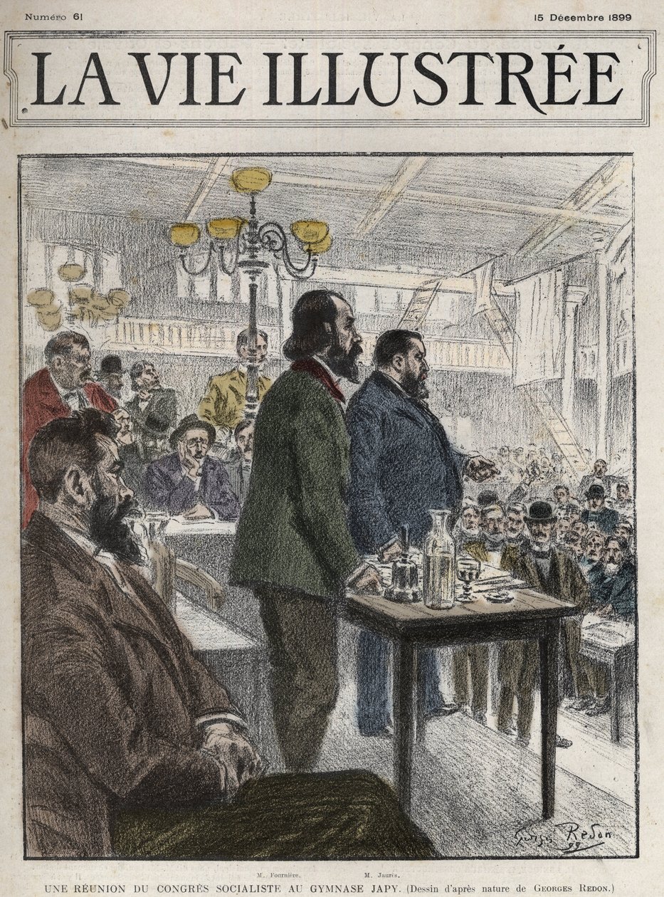 Congrès général des organisations socialistes, tenu à Paris en décembre 1899, au Gymnase Japy - Jean Jaurès (1859-1914) et Eugène Fournier (1857-1914) dessin de Georges Redon - la vie illustrée de 1899 - Georges Redon
