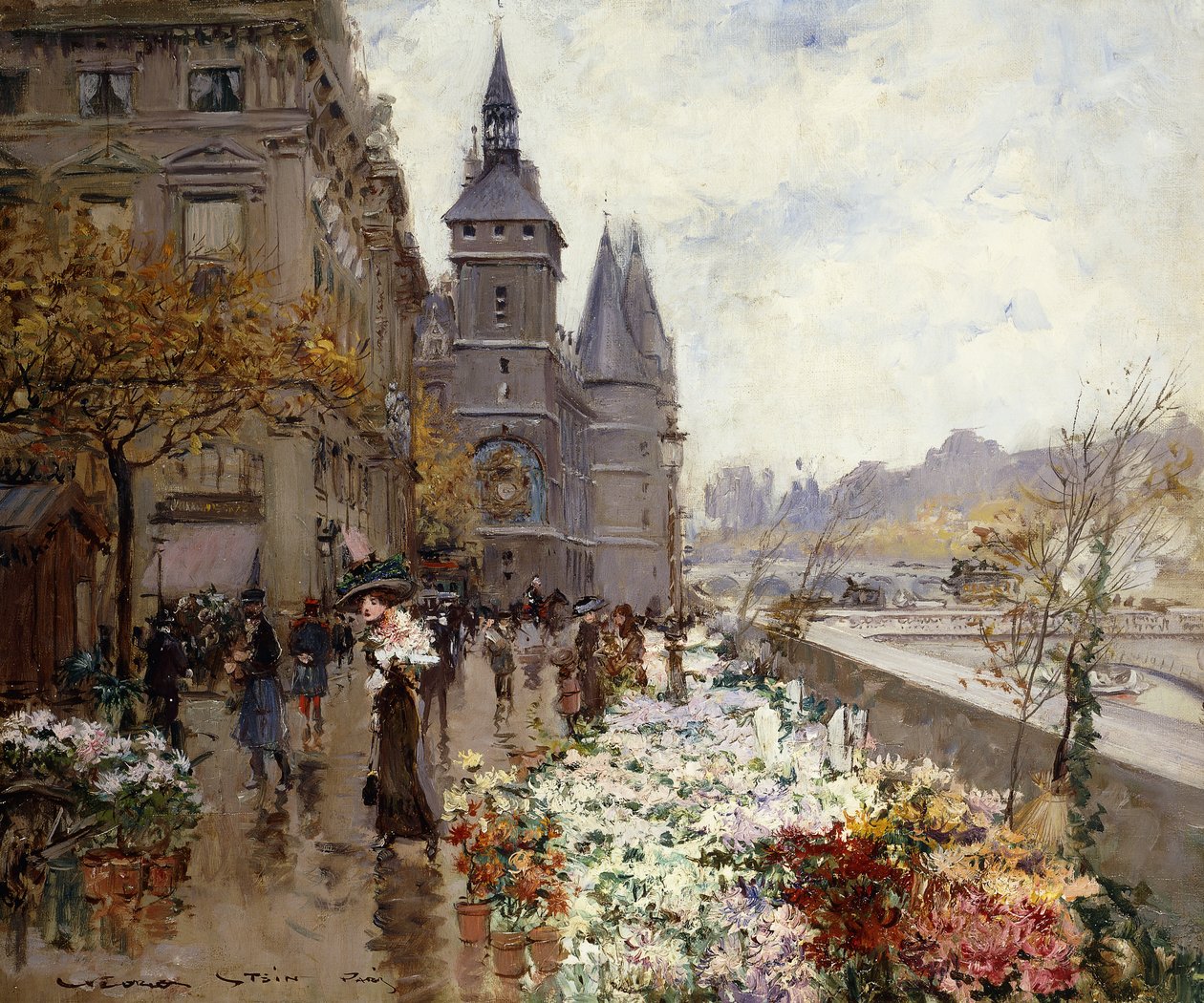 Marché aux fleurs le long de la Seine - Georges Stein