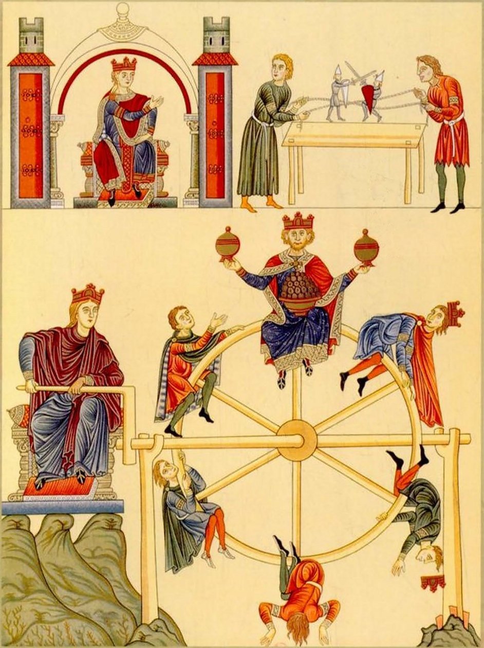 Marionnettes de chevaliers combattants et roue de la fortune de Hortus Deliciarum par Herrad de Landsberg, 1167-85 (27665671887) - Georgia Levan Ramishvili from Tbilisi