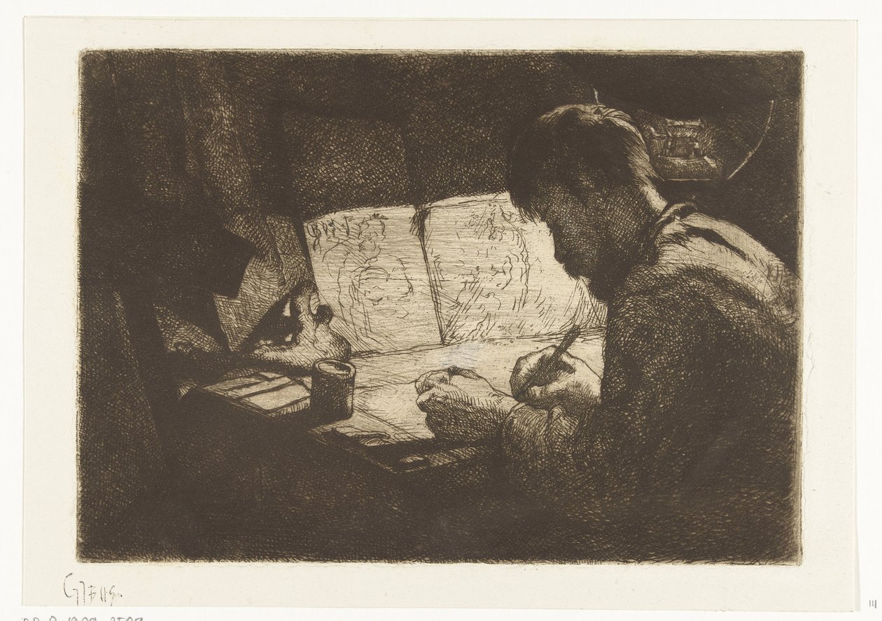 Autoportrait derrière la table à dessin - Gerard Jan Bos (signed by artist)