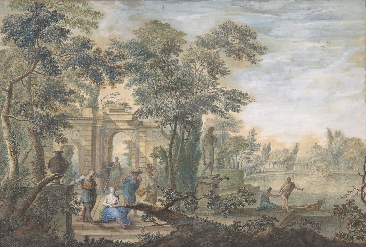 Paysage arcadien avec plusieurs figures et une statue de Diane - Gerard Melder