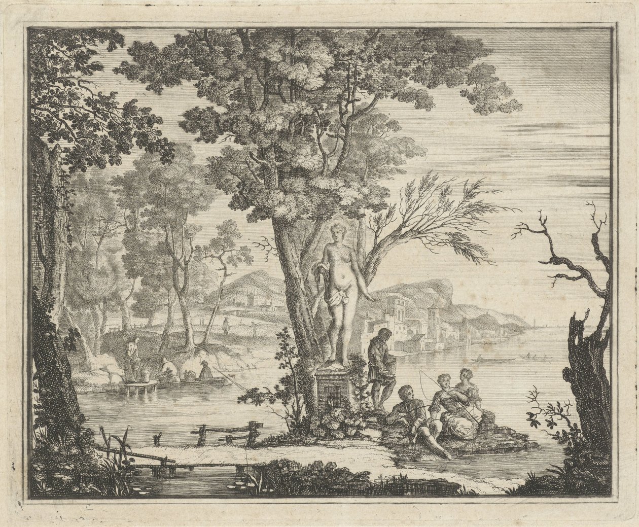 Paysage fluvial avec pêcheurs près d