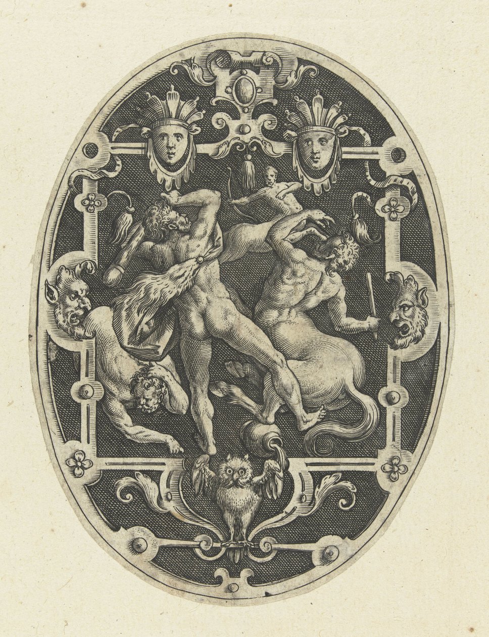 Hercule en lutte avec les centaures (Ovale vlakdecoraties met de daden van Hercules in grotesken) - Gerard de Jode