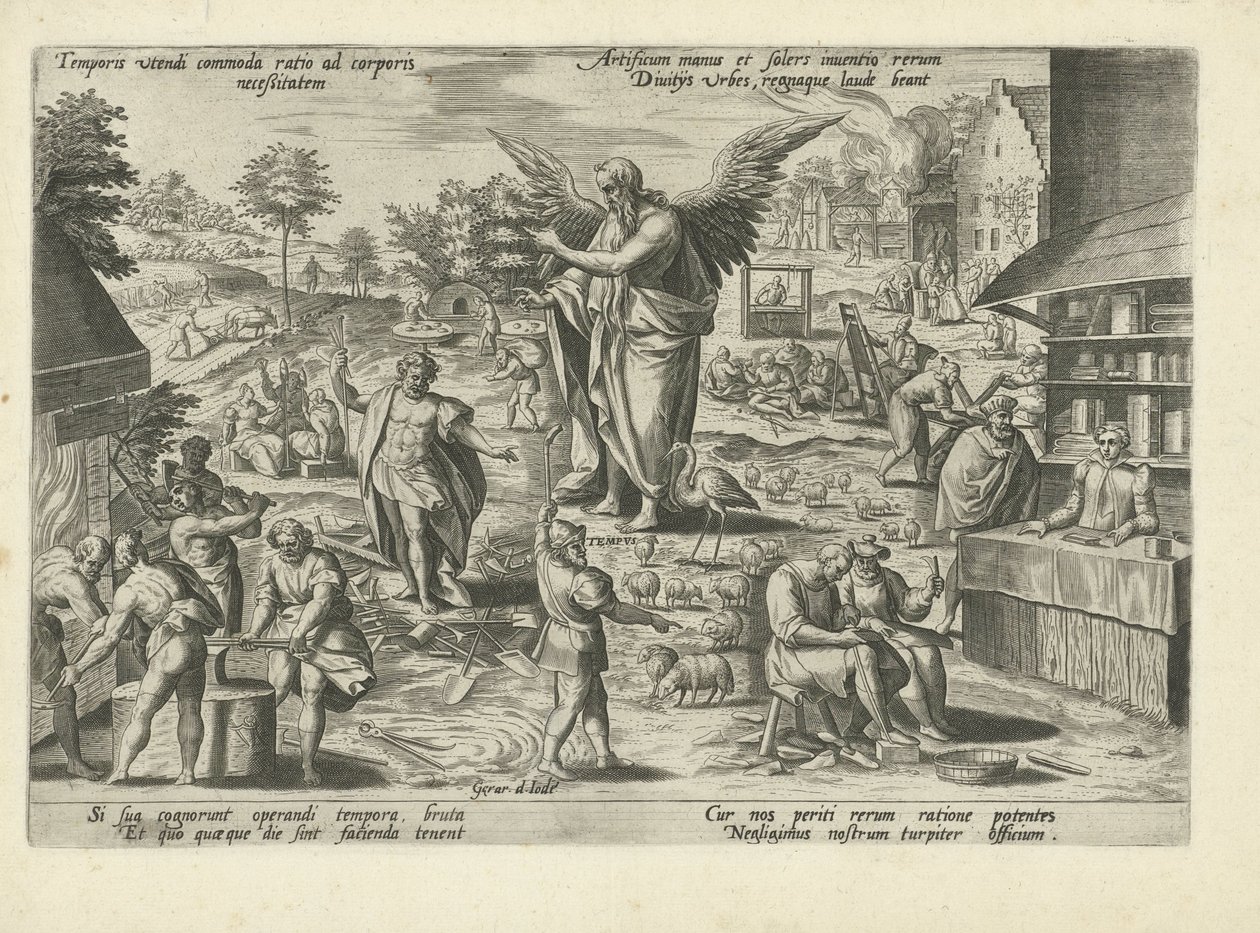 Le Temps au milieu de scènes avec des métiers et des activités humaines (Allégories moralisatrices du temps) - Gerard de Jode