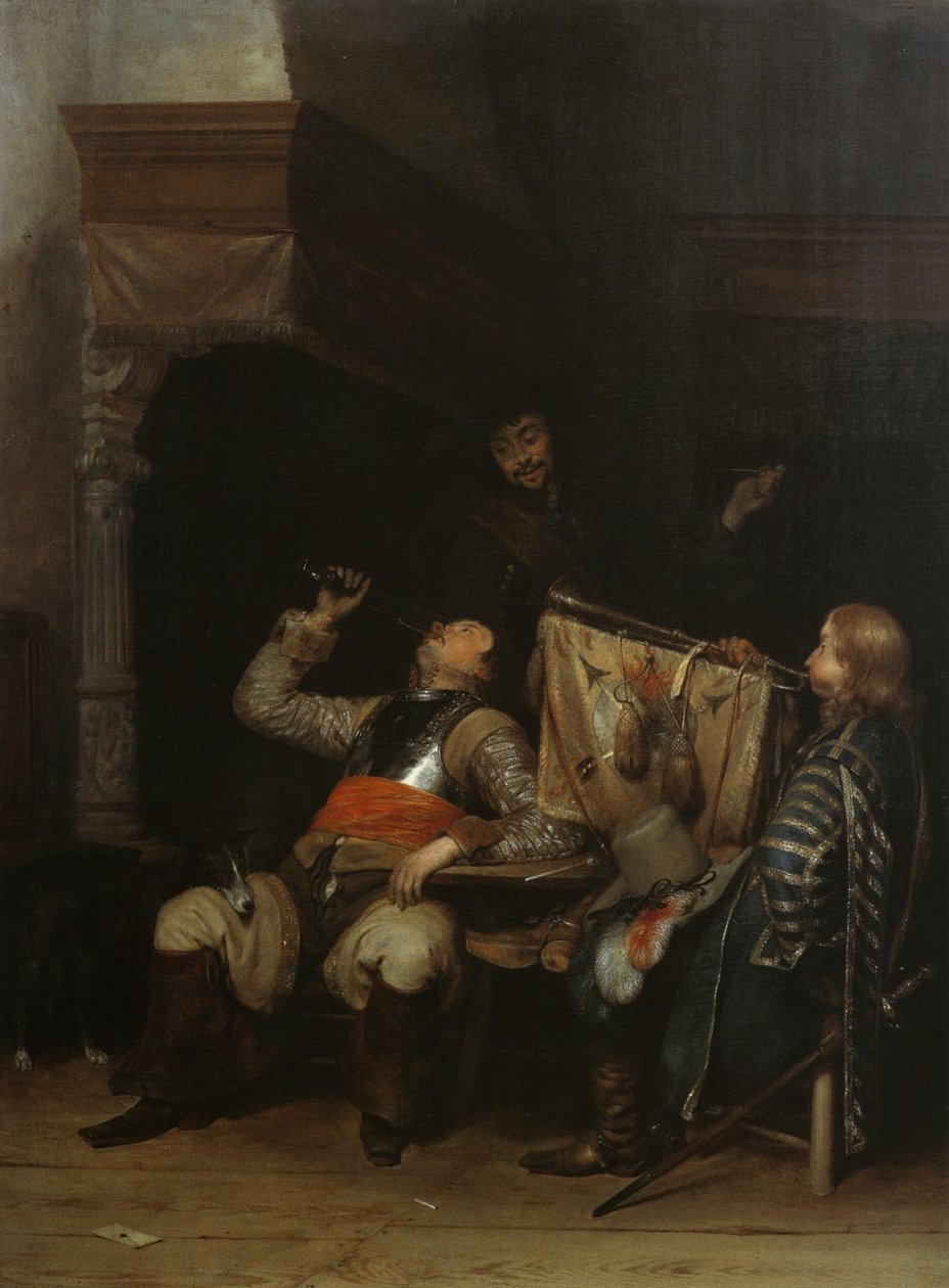 Soldats buvant, fumant et jouant de la musique dans un intérieur - Gerard ter Borch
