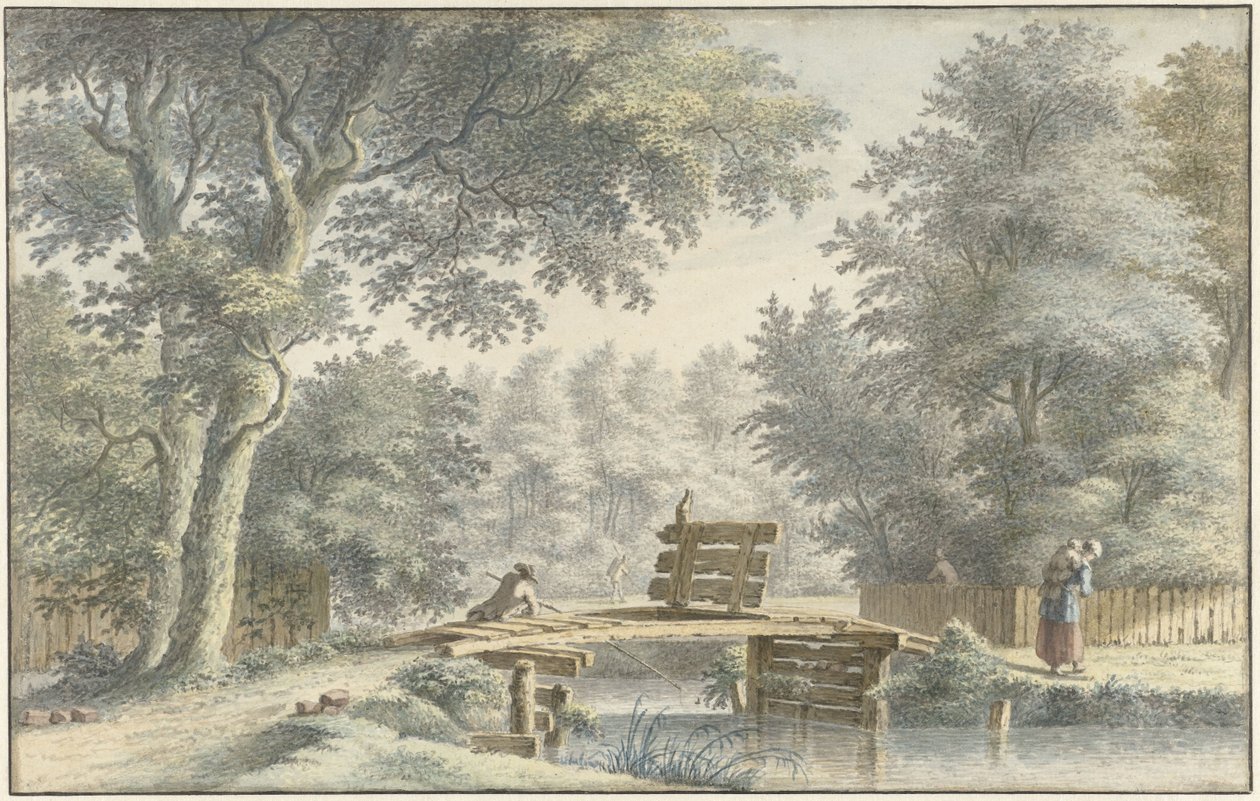 Paysage avec un pont sur lequel un pêcheur - Gerard van Rossum