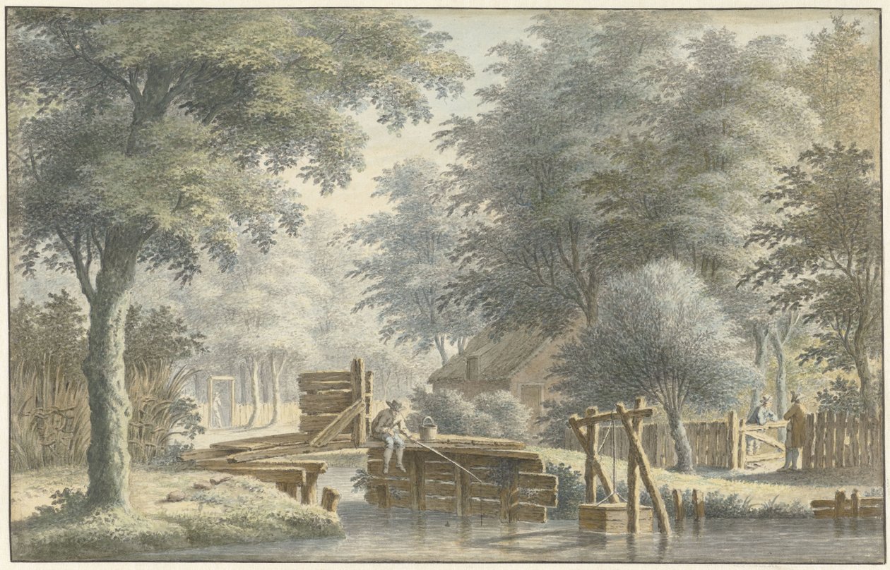 Paysage avec un pont sur lequel un pêcheur - Gerard van Rossum