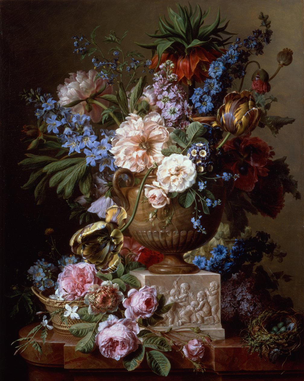 Nature morte avec des fleurs dans un vase en pierre sur un piédestal - Gerard van Spaendonck