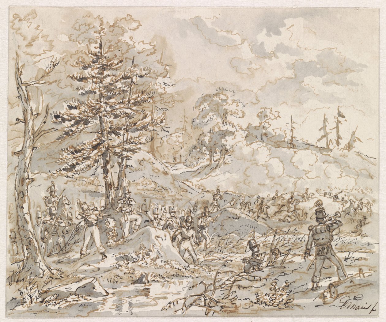Combat entre cavalerie et infanterie dans un paysage vallonné - Gerardus Emaus de Micault
