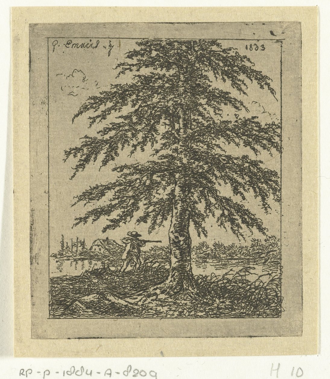 Paysage avec hêtre et chasseur - Gerardus Emaus de Micault