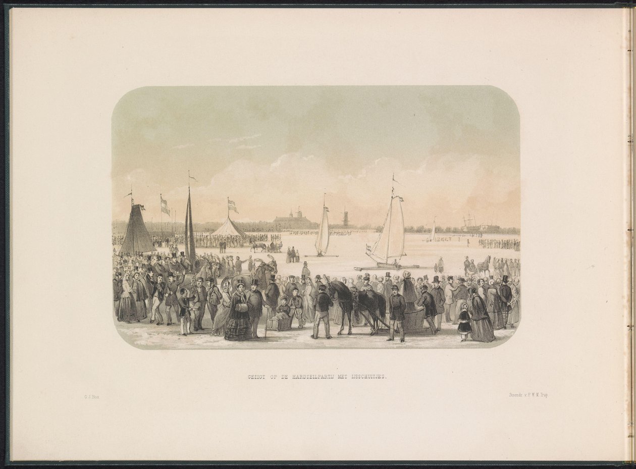 Course de yachts sur glace sur la Meuse à Rotterdam, 1855 - Gerardus Johannes Bos