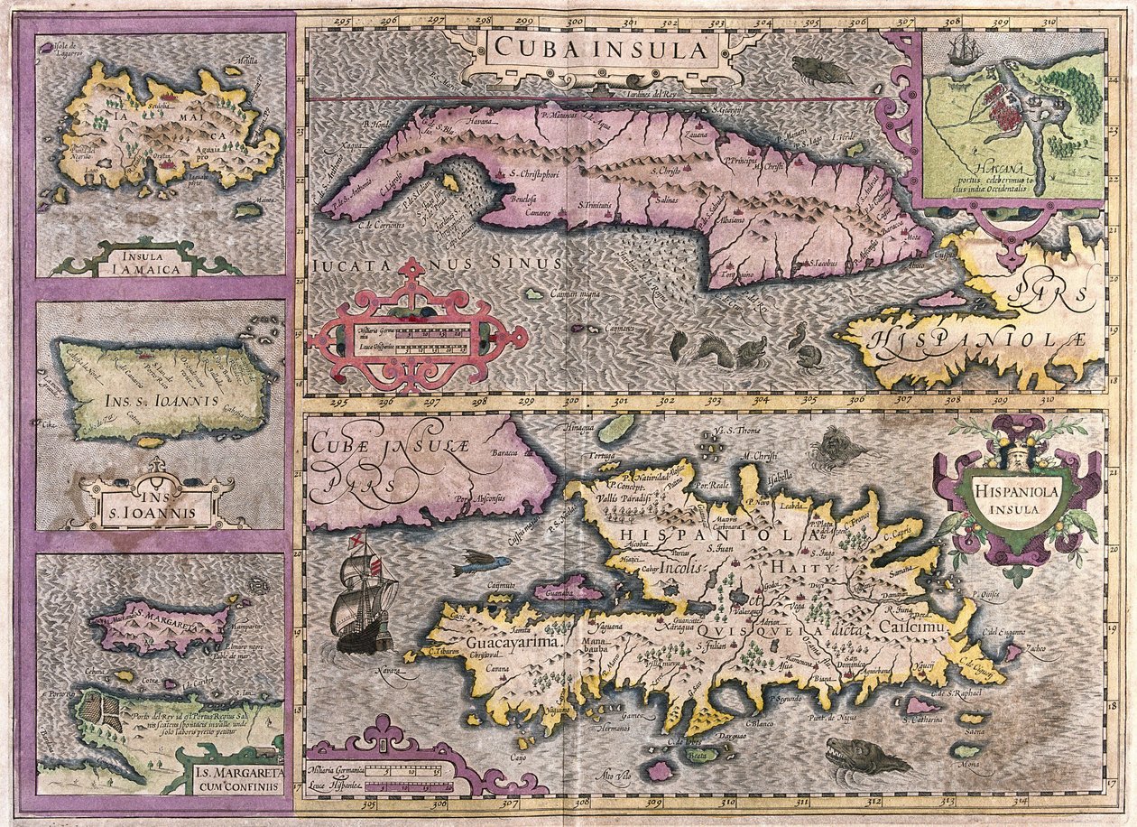 Cuba, Jamaïque, Haïti, Porto Rico (Caraïbes) (gravure) - Gerardus Mercator