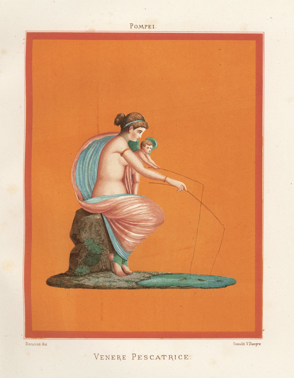 Fresque de Vénus et Cupidon pêchant à la ligne dans un étang. Trouvée dans la Maison des Gladiateurs. Chromolithographie de Victor Steeger d