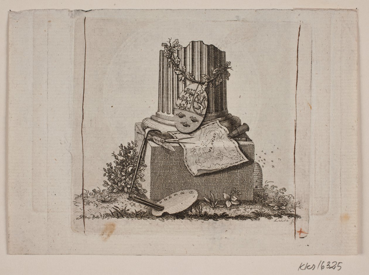Vignette avec colonne brisée et les armes des trois royaumes nordiques - Gerhard Ludvig Lahde